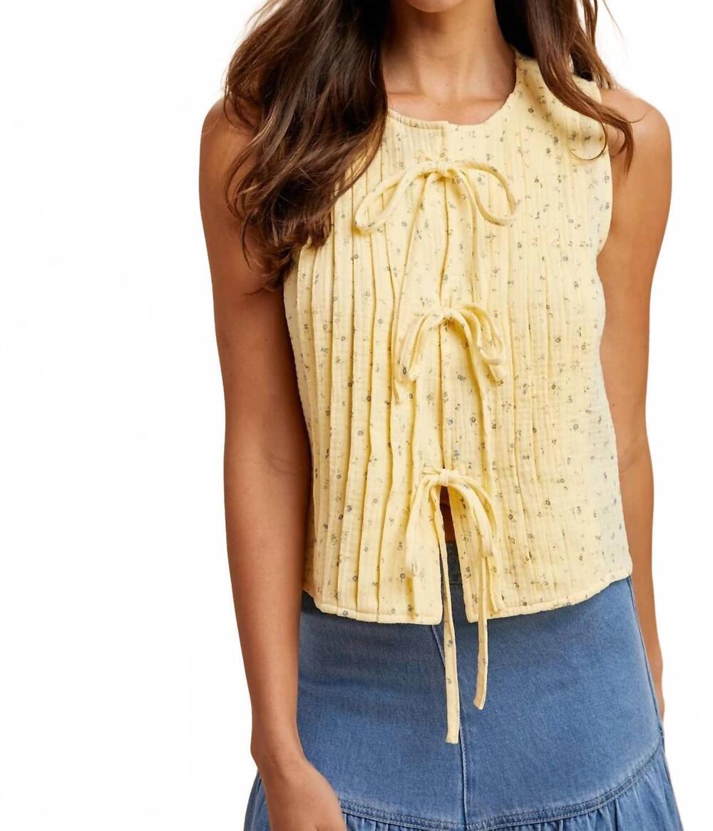 NEW ANNIEWEAR ditsy floral cotton blouse with front tie in lemon